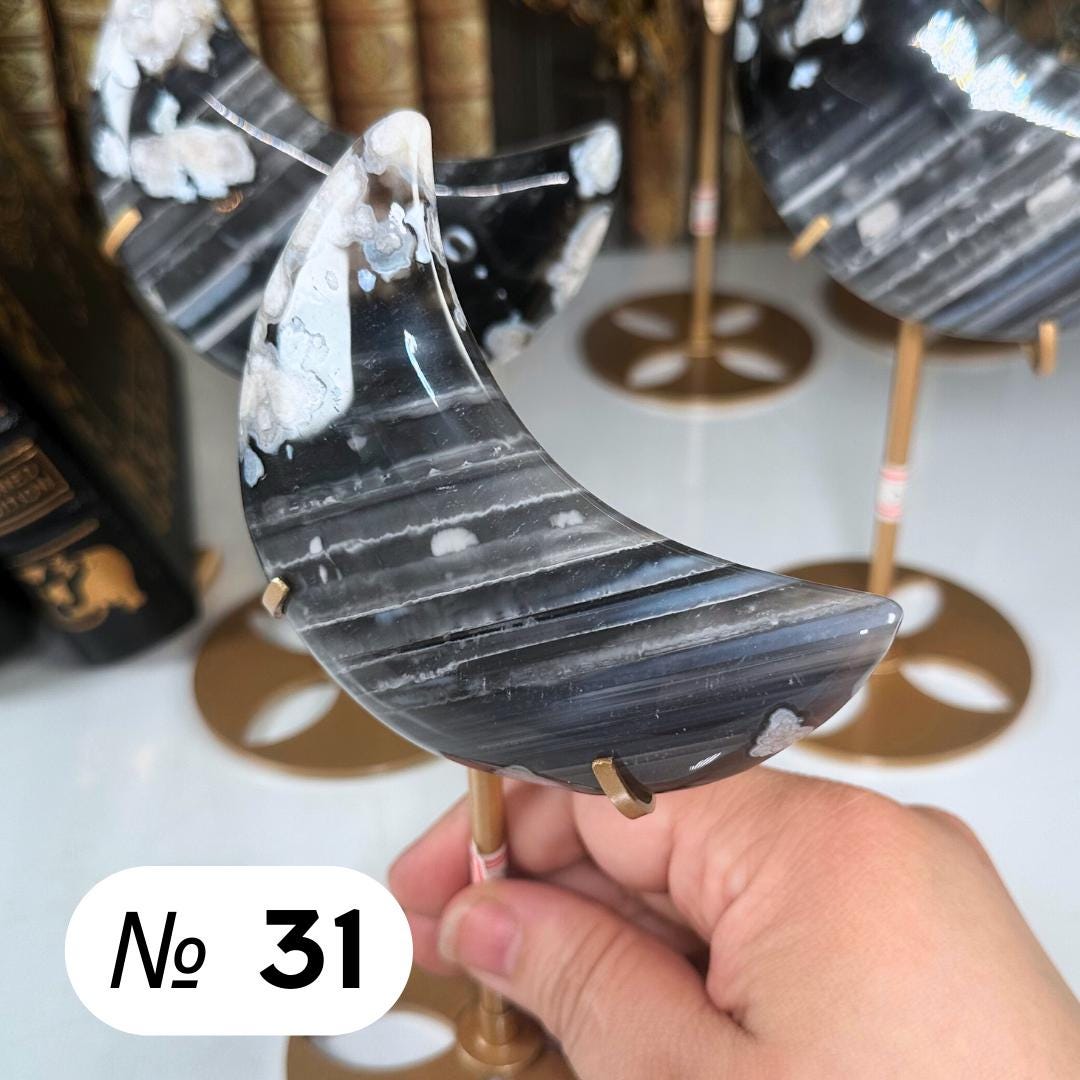 Black Flower Agate Moon With Stand | High Quality Crystal | Flower Agate | US Seller