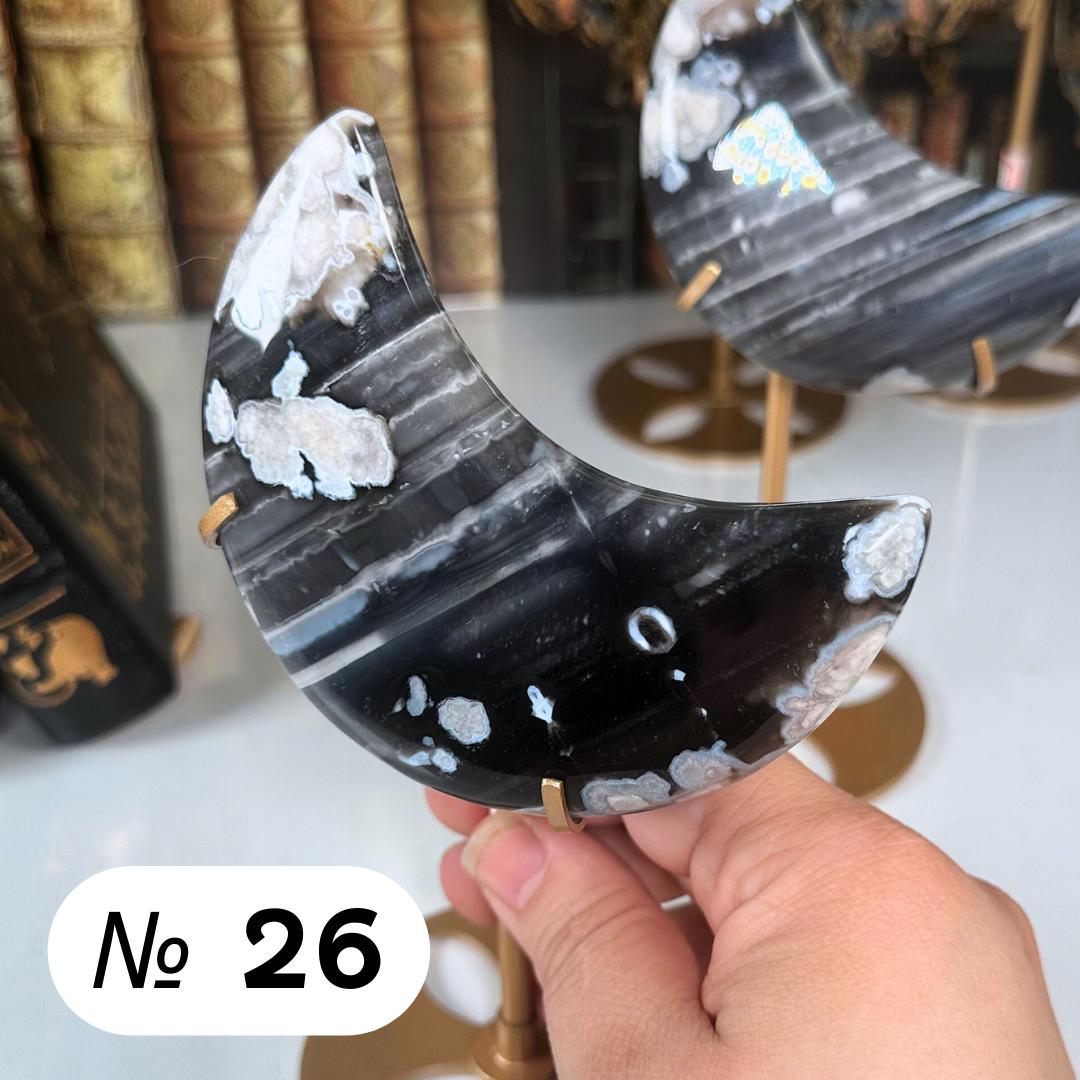 Black Flower Agate Moon With Stand | High Quality Crystal | Flower Agate | US Seller