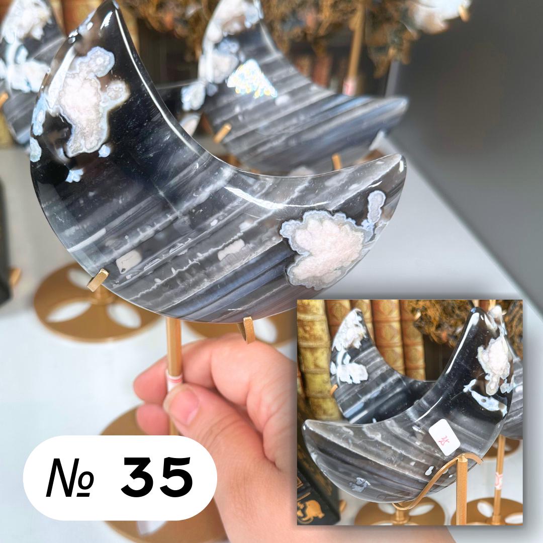 Black Flower Agate Moon With Stand | High Quality Crystal | Flower Agate | US Seller