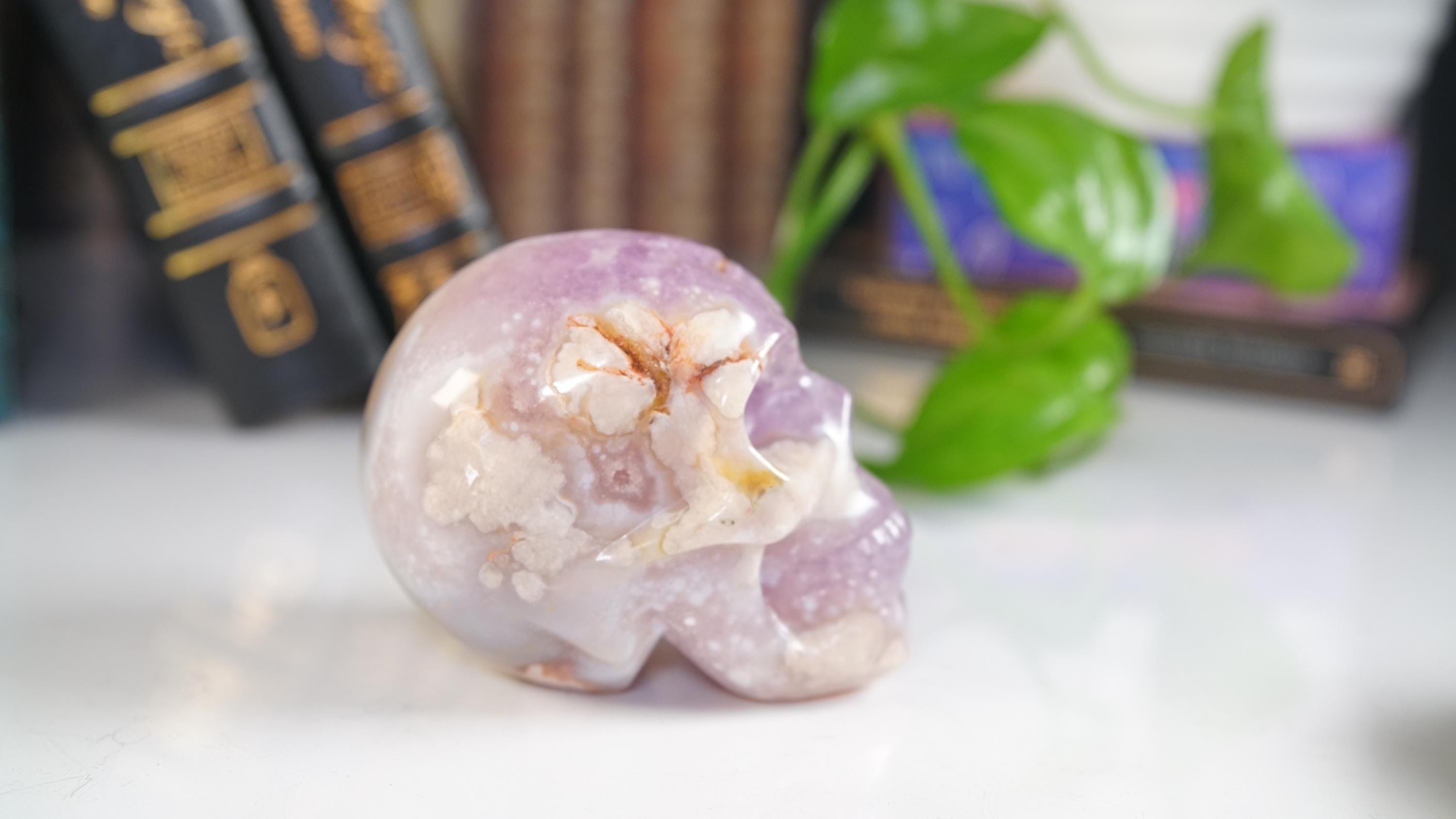 Pink Amethyst Flower Agate Skull Carving | Healing Quartz Crystal | US Seller