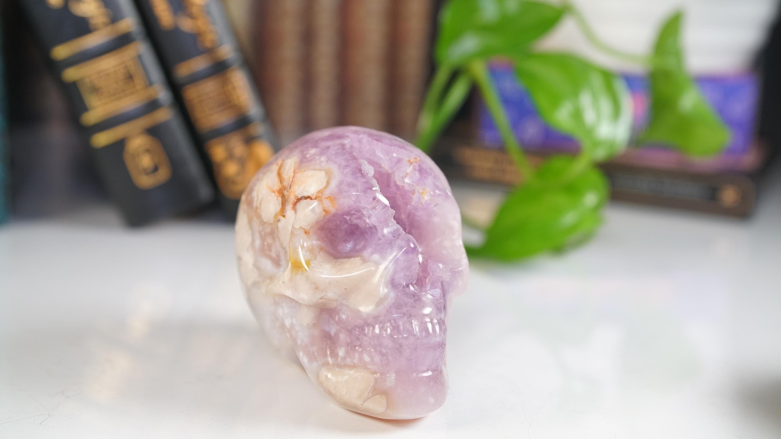 Pink Amethyst Flower Agate Skull Carving | Healing Quartz Crystal | US Seller