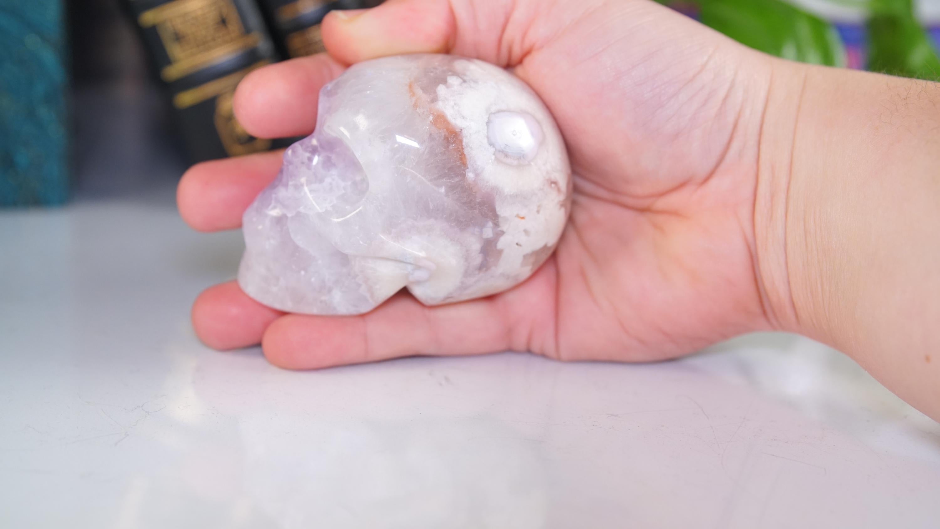 Pink Amethyst Flower Agate Skull Carving | Healing Quartz Crystal | US Seller