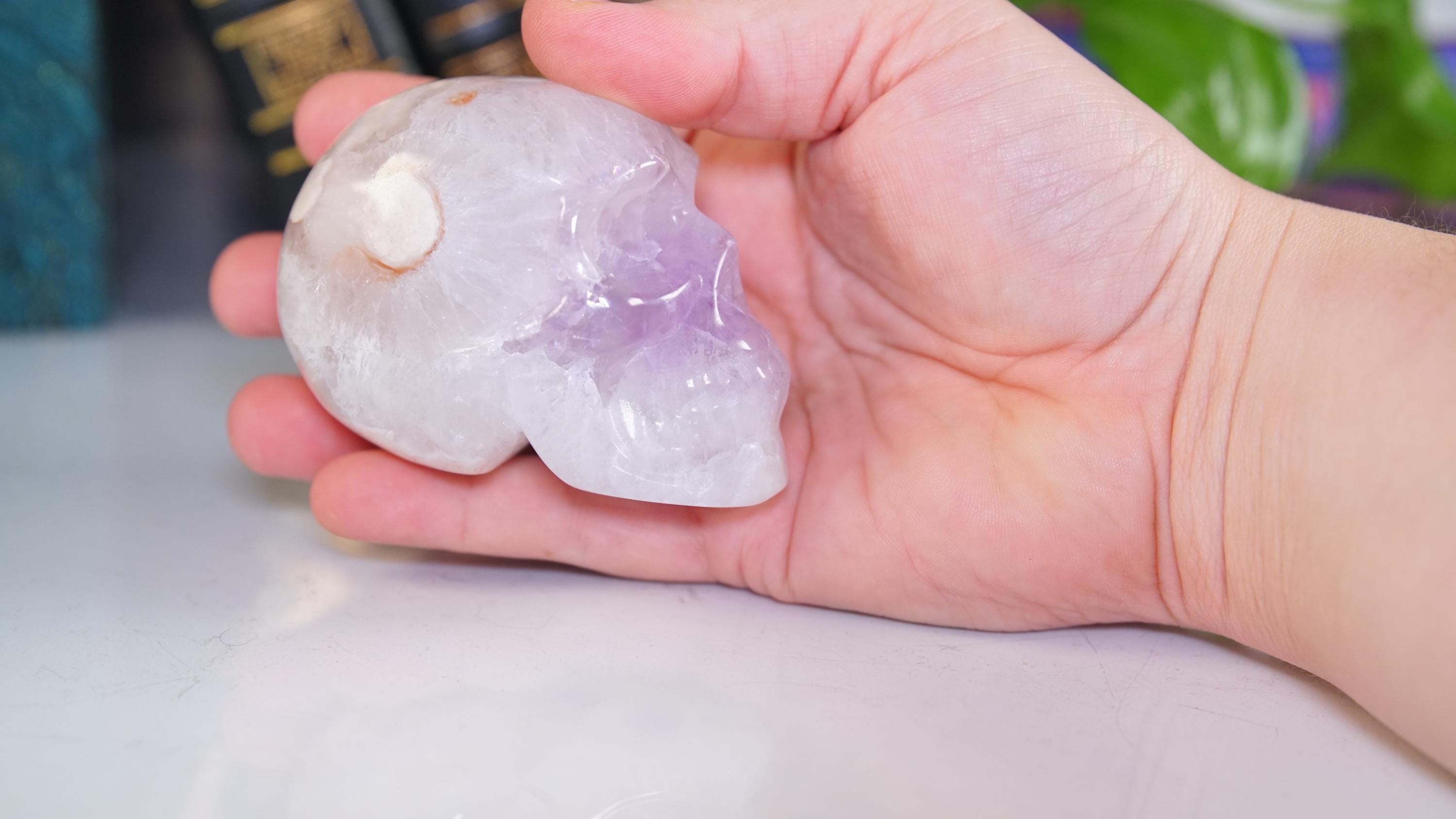 Pink Amethyst Flower Agate Skull Carving | Healing Quartz Crystal | US Seller