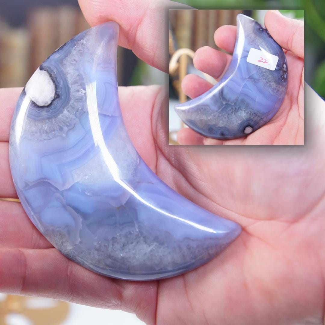 Blue Flower Agate Moon With Stand | High Quality Crystal | Flower Agate | US Seller