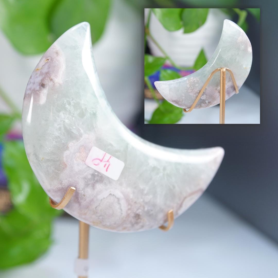 Green Quartz Flower Agate Moon With Stand | High Quality Crystal | Flower Agate | US Seller