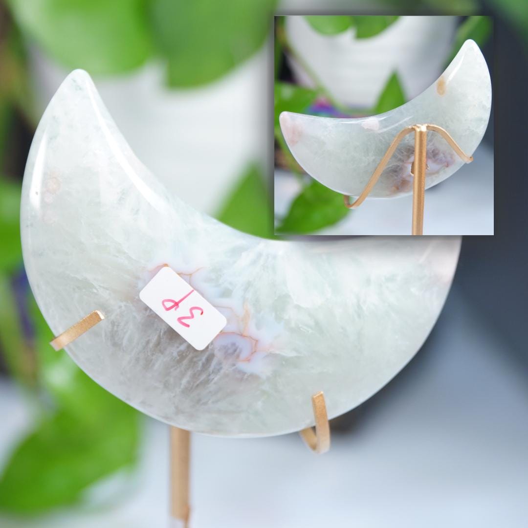 Green Quartz Flower Agate Moon With Stand | High Quality Crystal | Flower Agate | US Seller