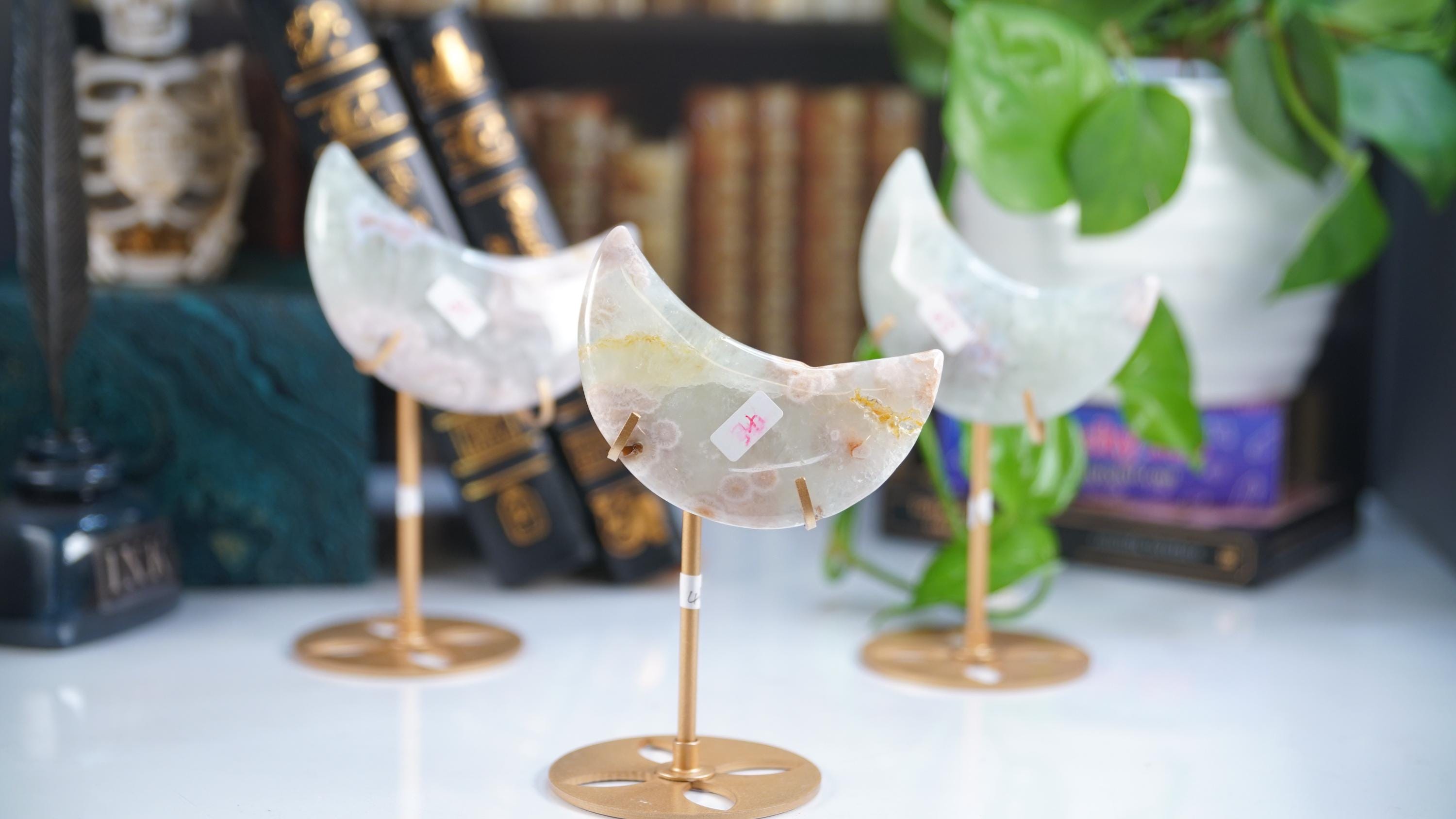 Green Quartz Flower Agate Moon With Stand | High Quality Crystal | Flower Agate | US Seller