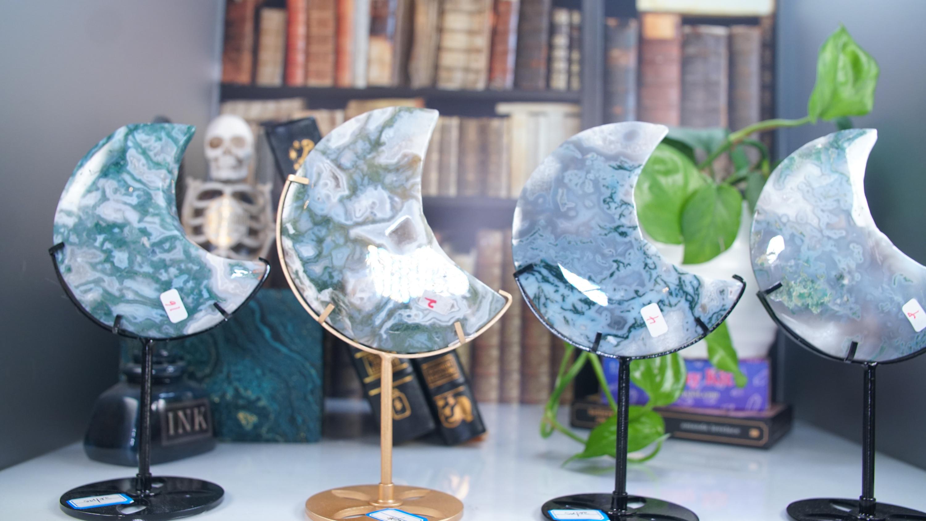 Moss Agate Moon With Stand | High Quality Crystal | Flower Agate | US Seller