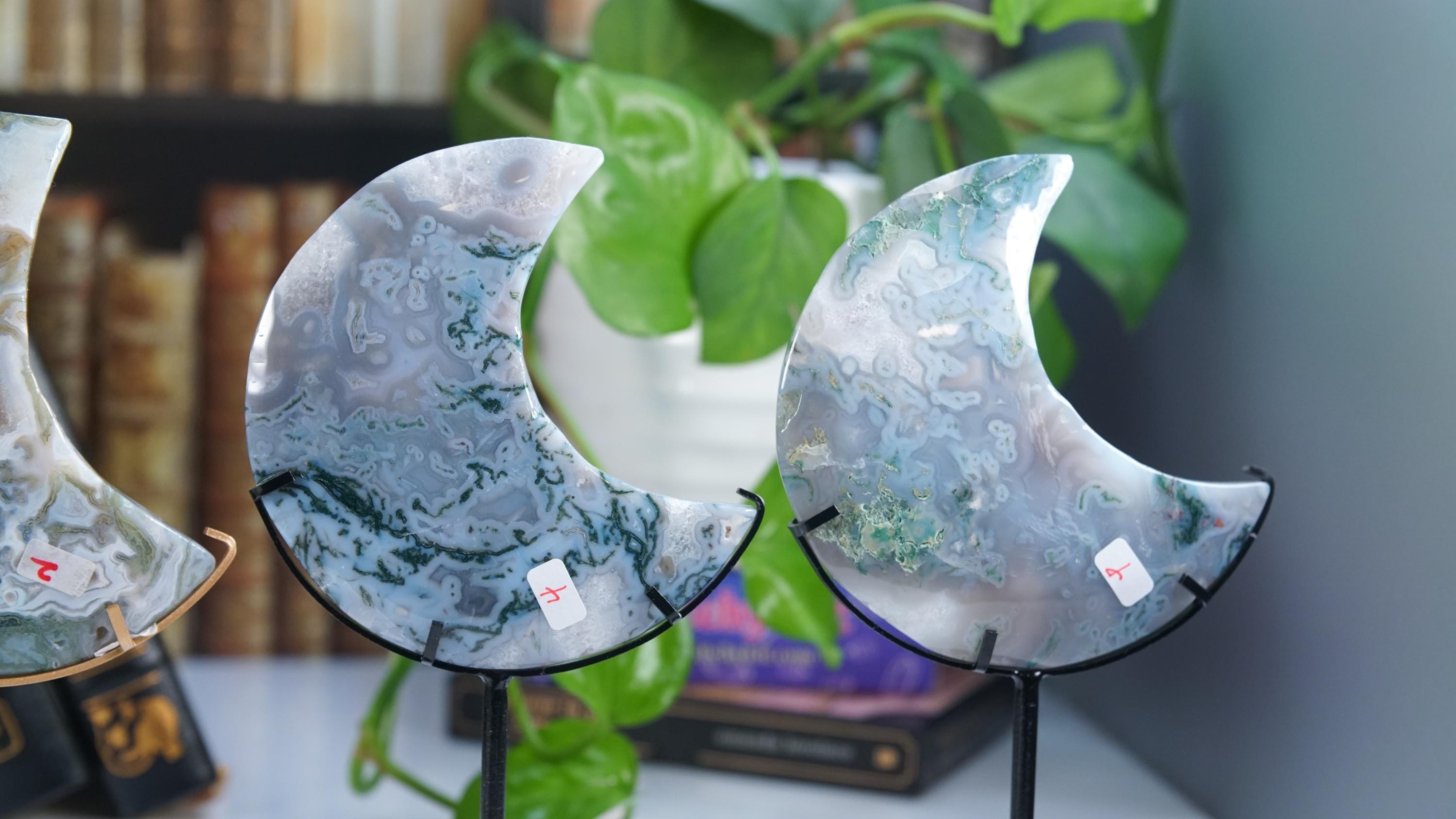 Moss Agate Moon With Stand | High Quality Crystal | Flower Agate | US Seller