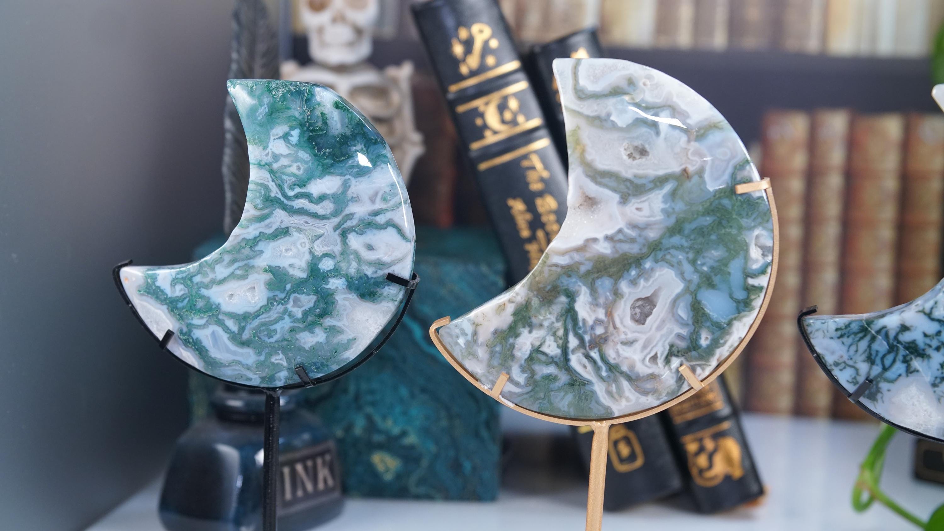 Moss Agate Moon With Stand | High Quality Crystal | Flower Agate | US Seller