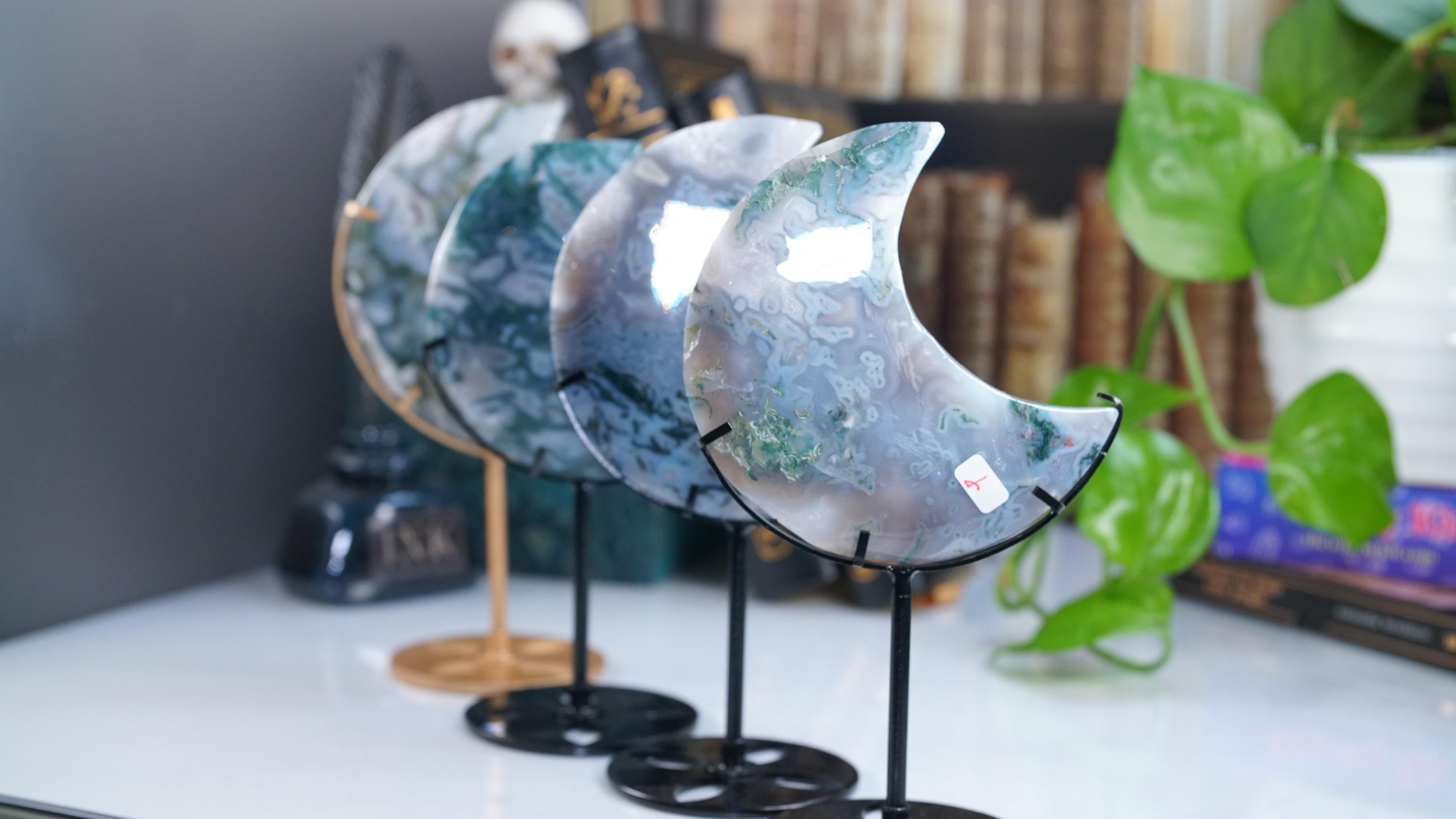 Moss Agate Moon With Stand | High Quality Crystal | Flower Agate | US Seller