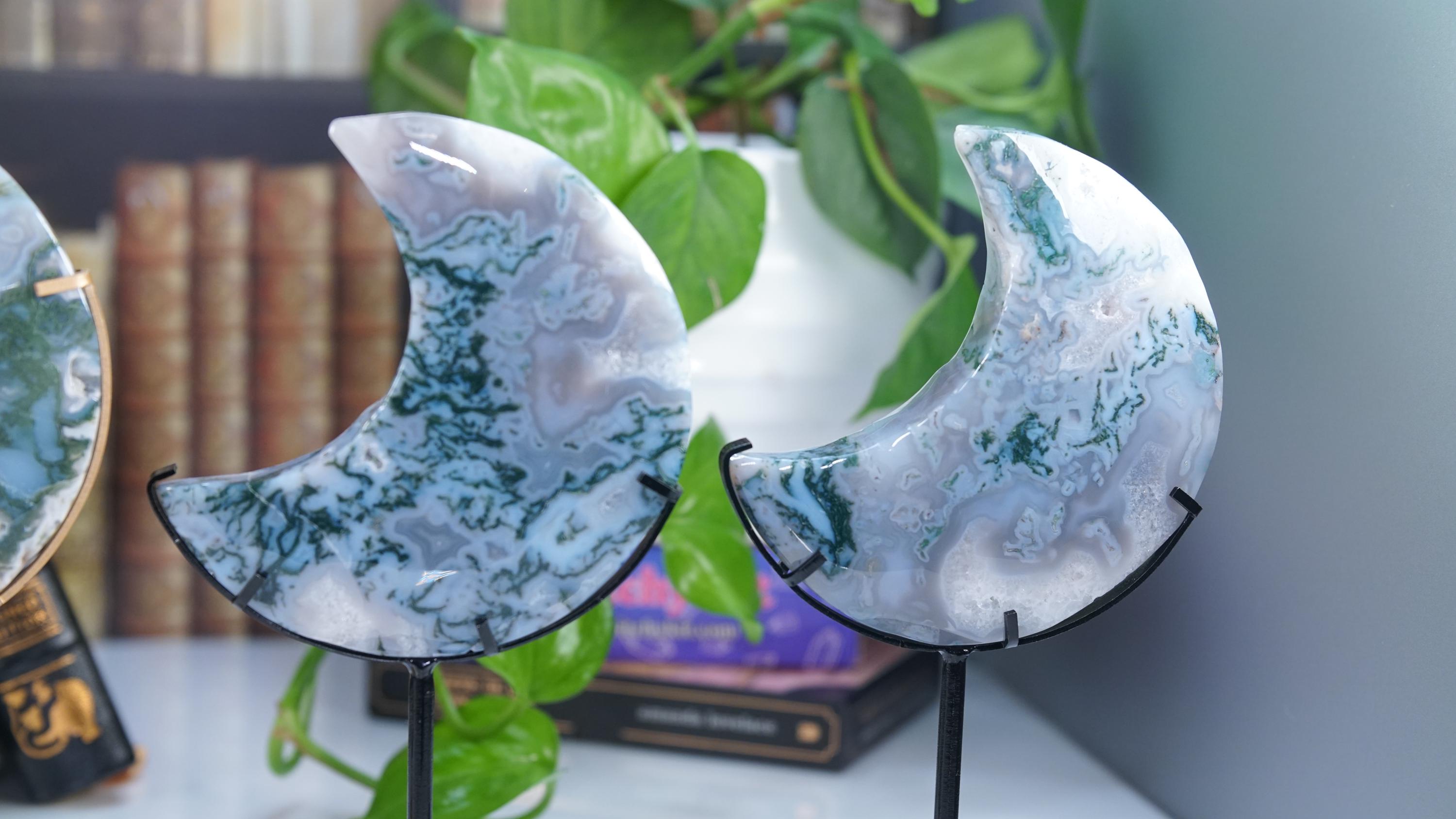 Moss Agate Moon With Stand | High Quality Crystal | Flower Agate | US Seller