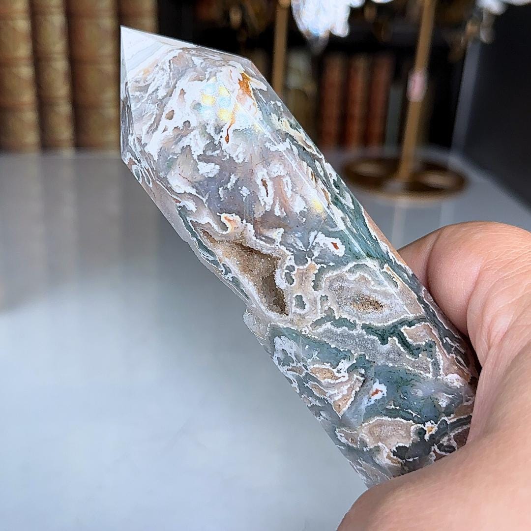 Large Pink Moss Agate Tower | US Seller | Crystal Gemstone Throat Chakra Energy Healing Altar Feng Shui