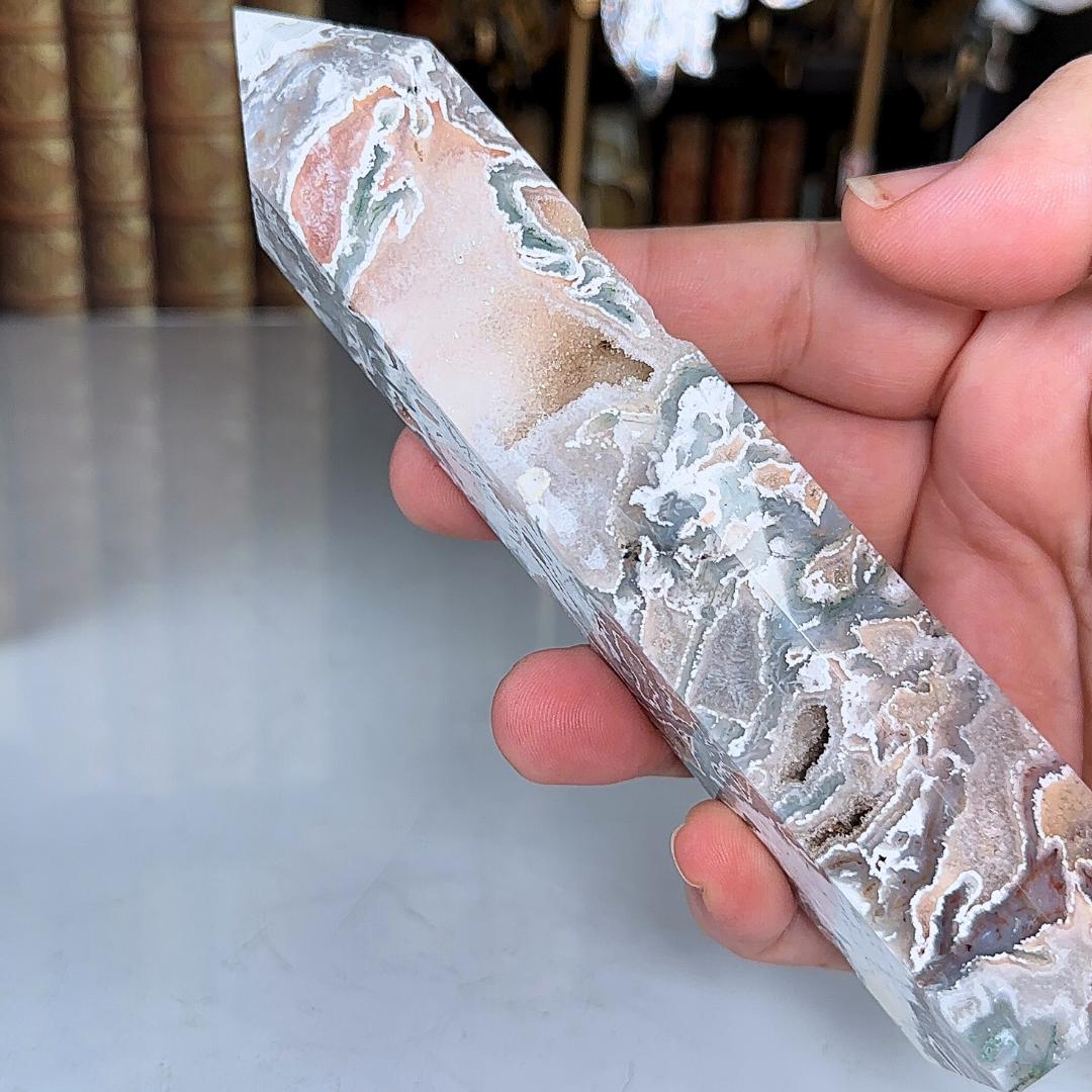 Large Pink Moss Agate Tower | US Seller | Crystal Gemstone Throat Chakra Energy Healing Altar Feng Shui