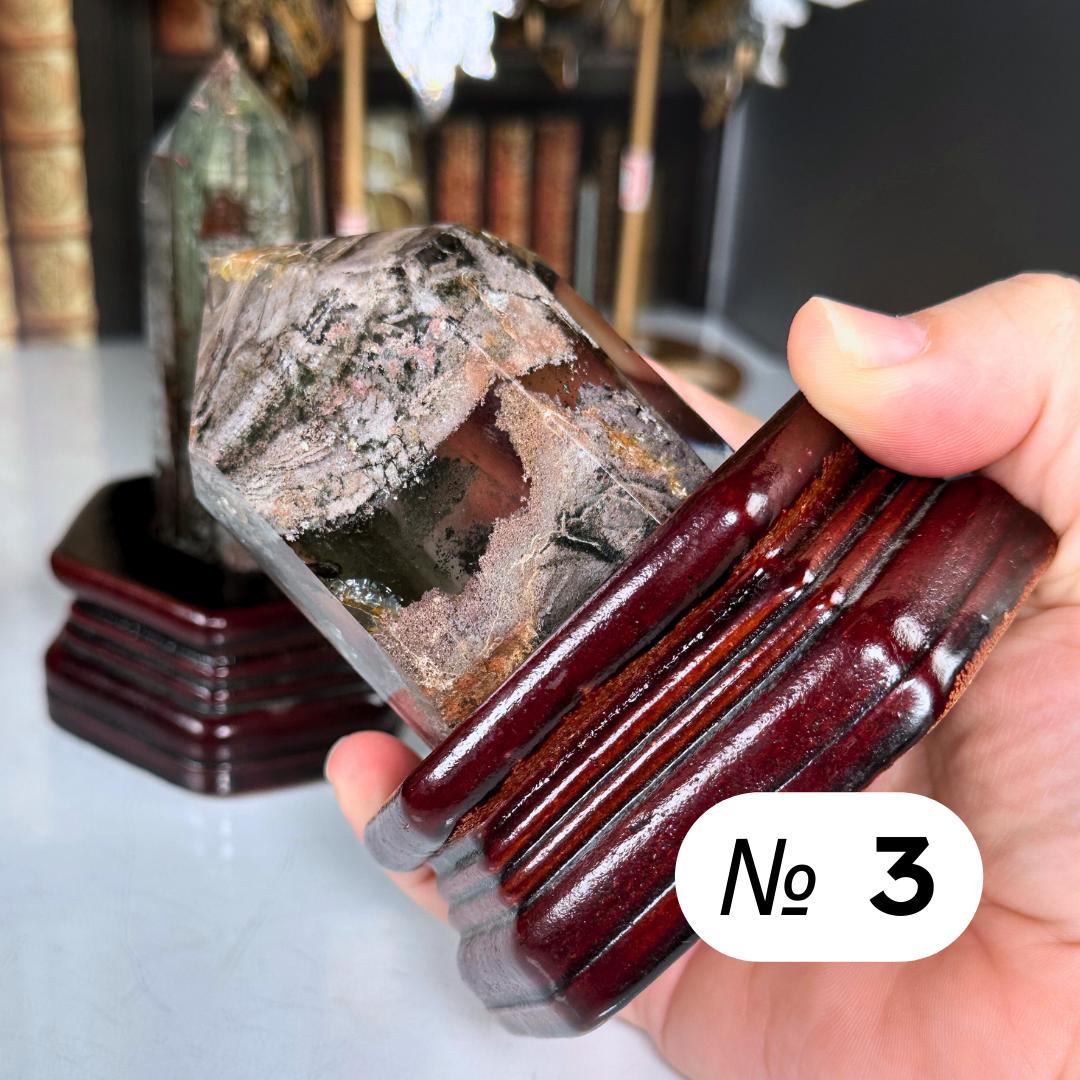 Garden Quartz Towers With Stand | Lodolite With Inclusions Crystal Carving
