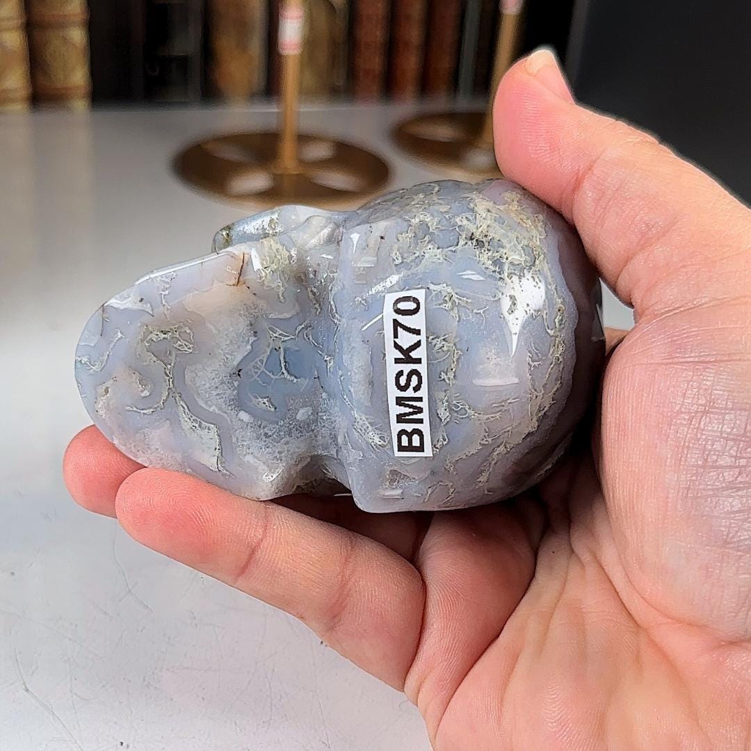 Blue Moss Agate Skull Healing Crystal Druzy Moss Agate Carving Stone Statue Energy Goddess Body Energy Reiki Altar