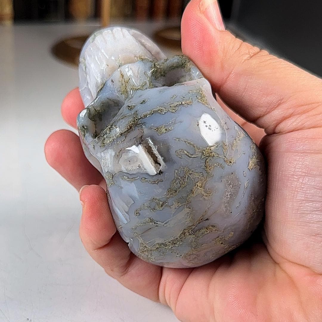 Blue Moss Agate Skull Healing Crystal Druzy Moss Agate Carving Stone Statue Energy Goddess Body Energy Reiki Altar