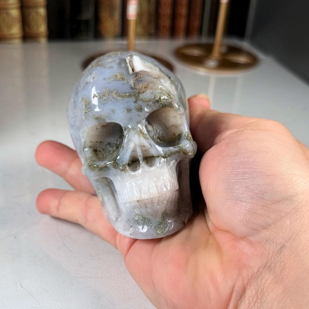 Blue Moss Agate Skull Healing Crystal Druzy Moss Agate Carving Stone Statue Energy Goddess Body Energy Reiki Altar