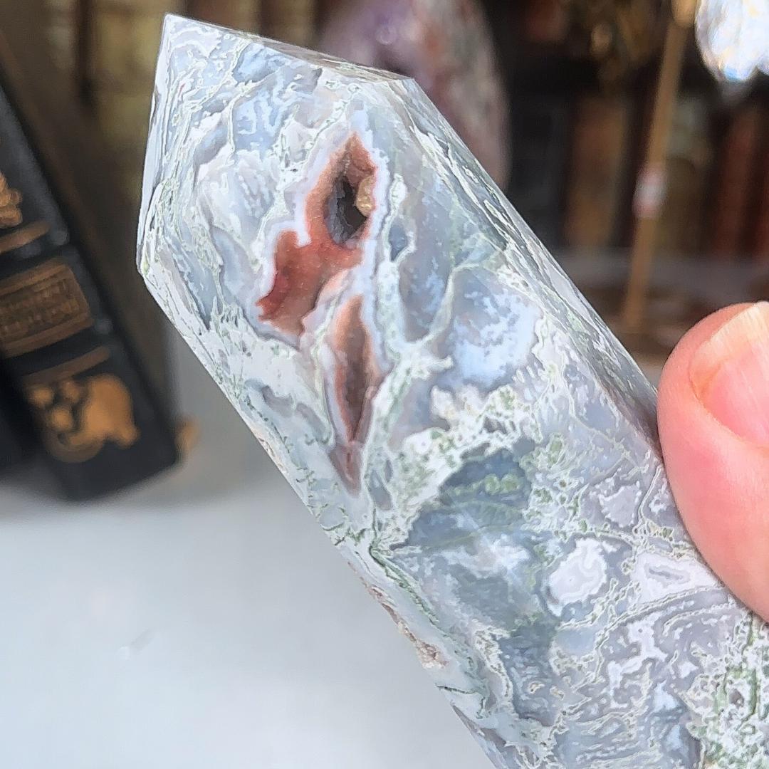 Large Pink Moss Agate Tower | US Seller | Crystal Gemstone Throat Chakra Energy Healing Altar Feng Shui