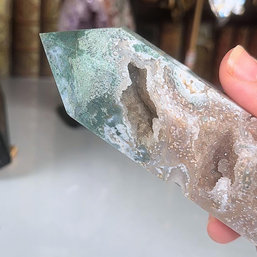 Large Pink Moss Agate Tower | US Seller | Crystal Gemstone Throat Chakra Energy Healing Altar Feng Shui