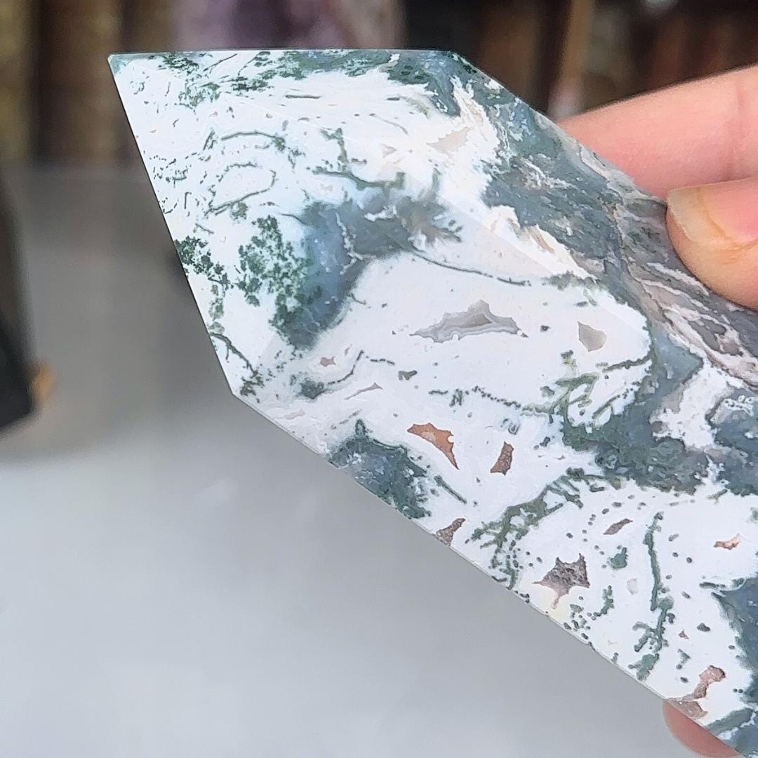 Large Pink Moss Agate Tower | US Seller | Crystal Gemstone Throat Chakra Energy Healing Altar Feng Shui