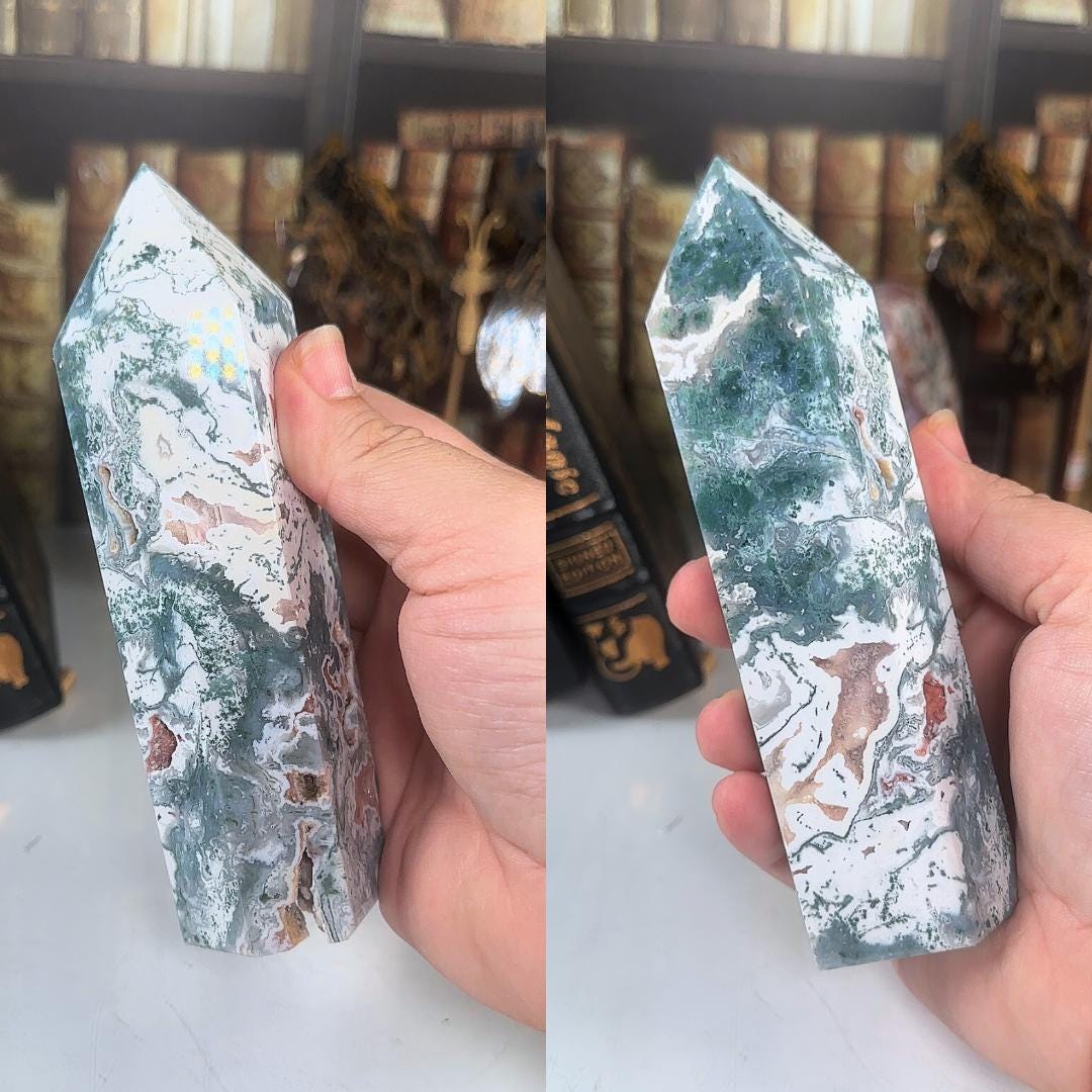 Large Pink Moss Agate Tower | US Seller | Crystal Gemstone Throat Chakra Energy Healing Altar Feng Shui