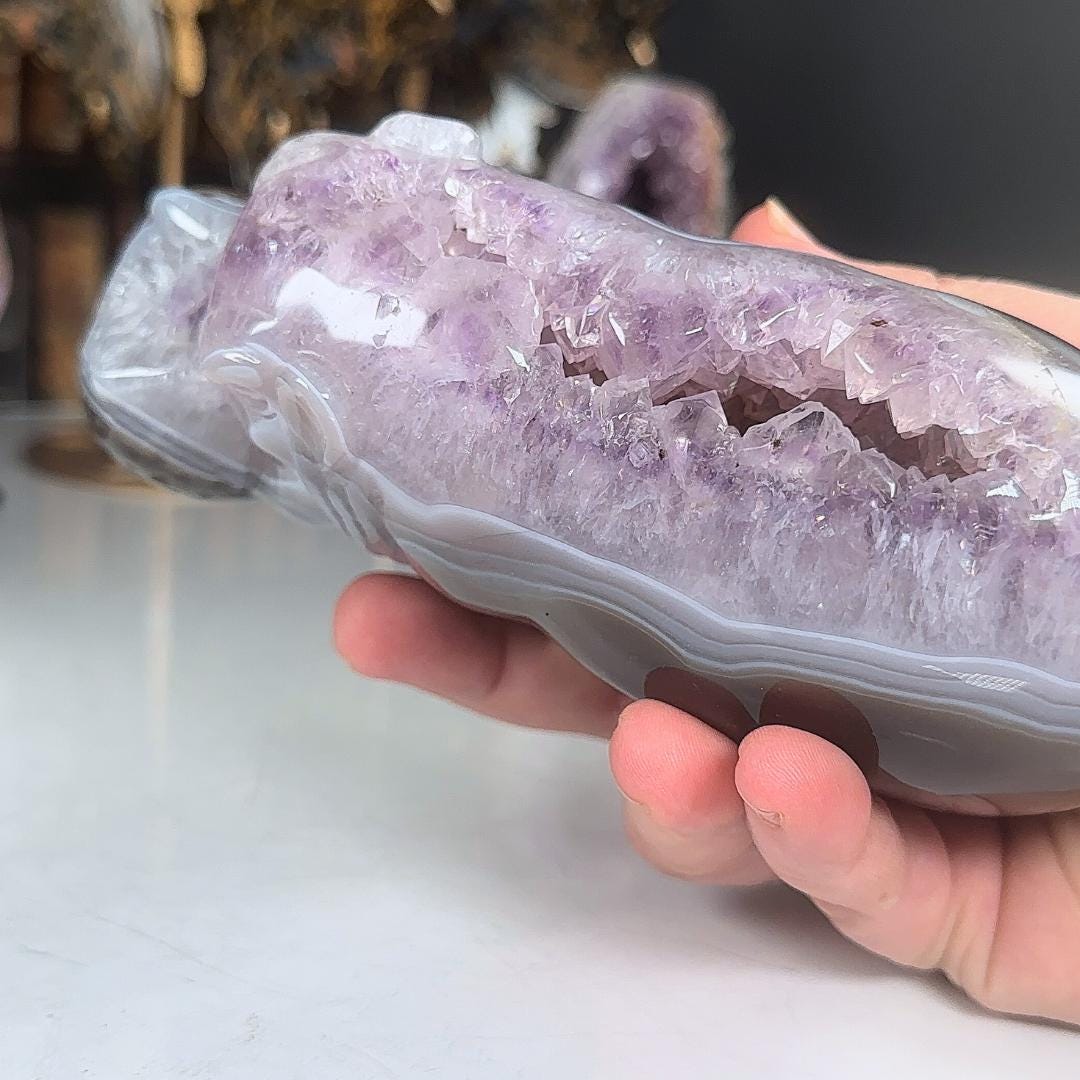 Druzy Amethyst Agate Hippo Carving | US Seller | Home Decor Energy Healing Feng Shui Altar Reiki Office Gift