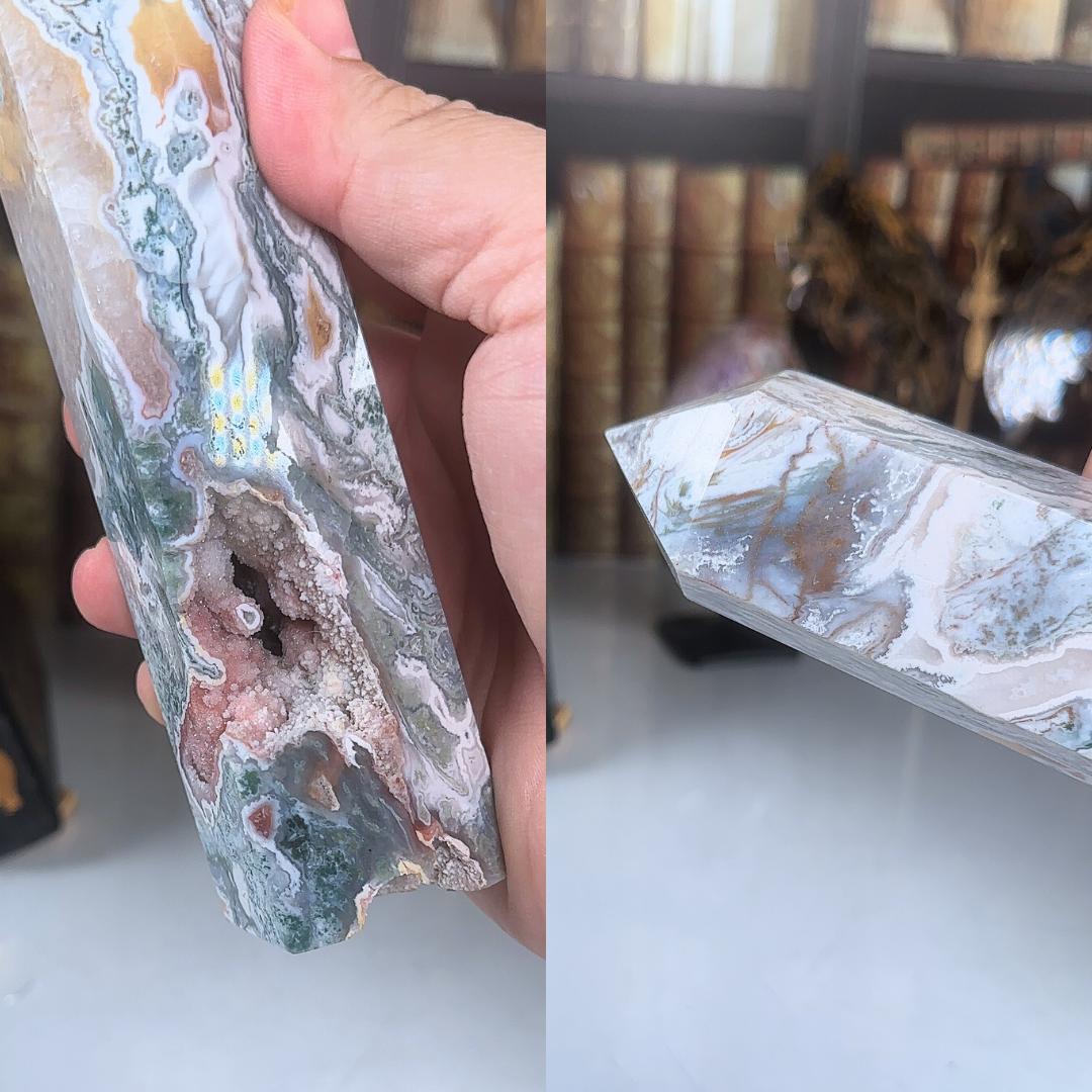Large Pink Moss Agate Tower | US Seller | Crystal Gemstone Throat Chakra Energy Healing Altar Feng Shui