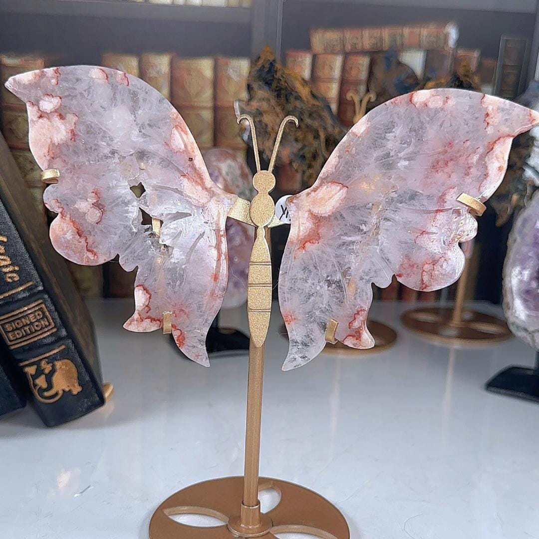 Flower Agate Pink Amethyst Crystal Wings | Stone Carving Sculpture Healing Altar Reiki Feng Shui Altar