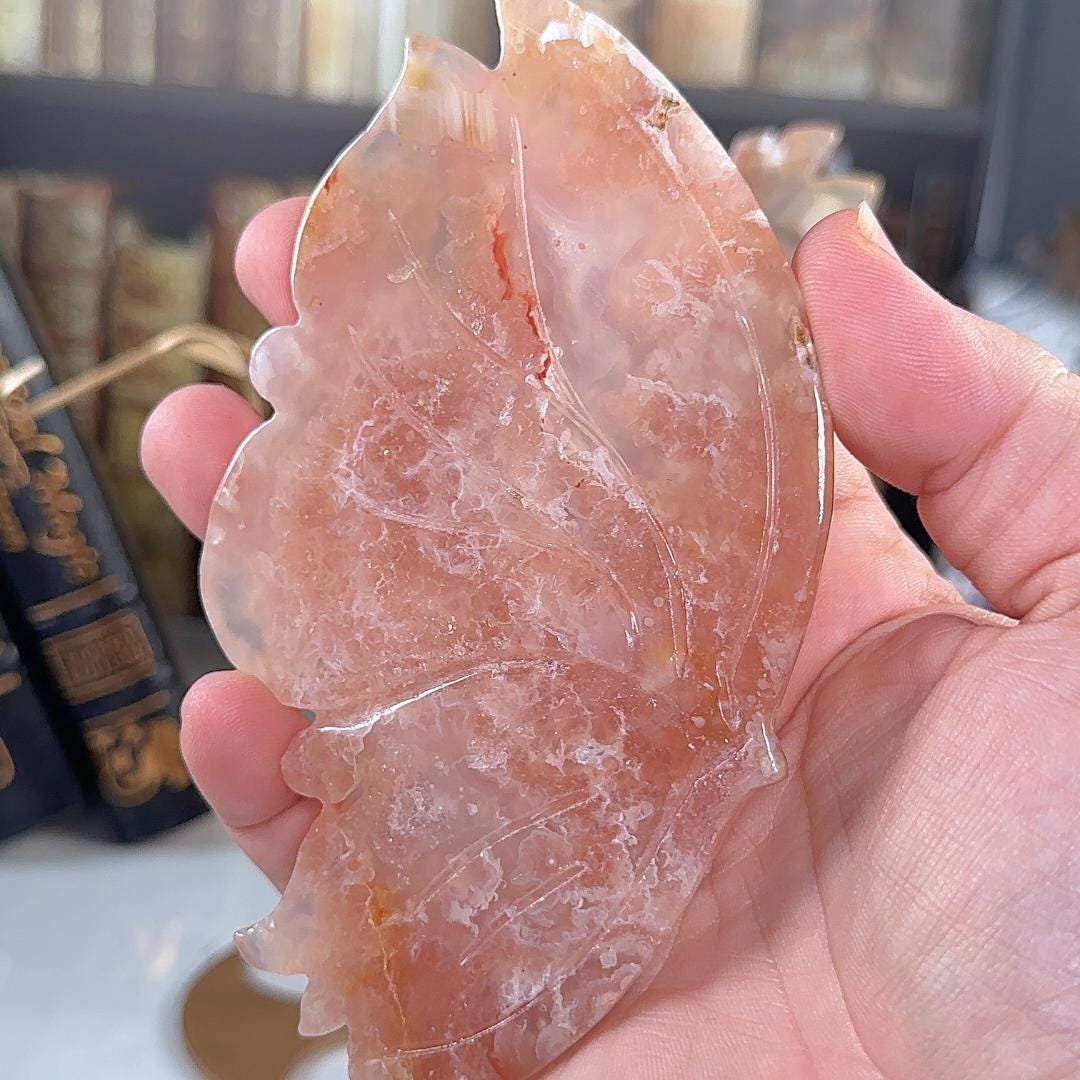 Flower Agate Pink Amethyst Crystal Wings | Stone Carving Sculpture Healing Altar Reiki Feng Shui Altar