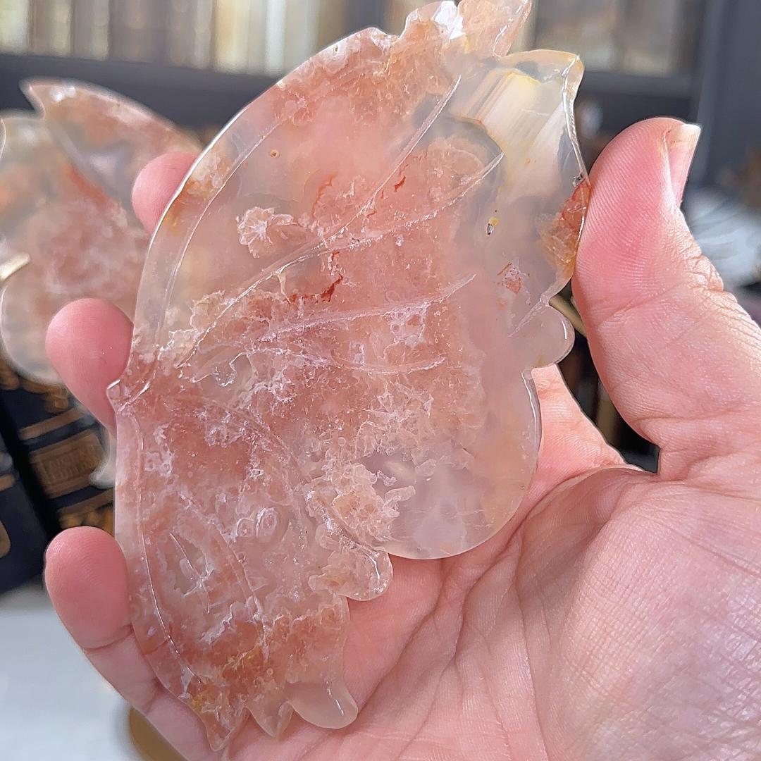 Flower Agate Pink Amethyst Crystal Wings | Stone Carving Sculpture Healing Altar Reiki Feng Shui Altar