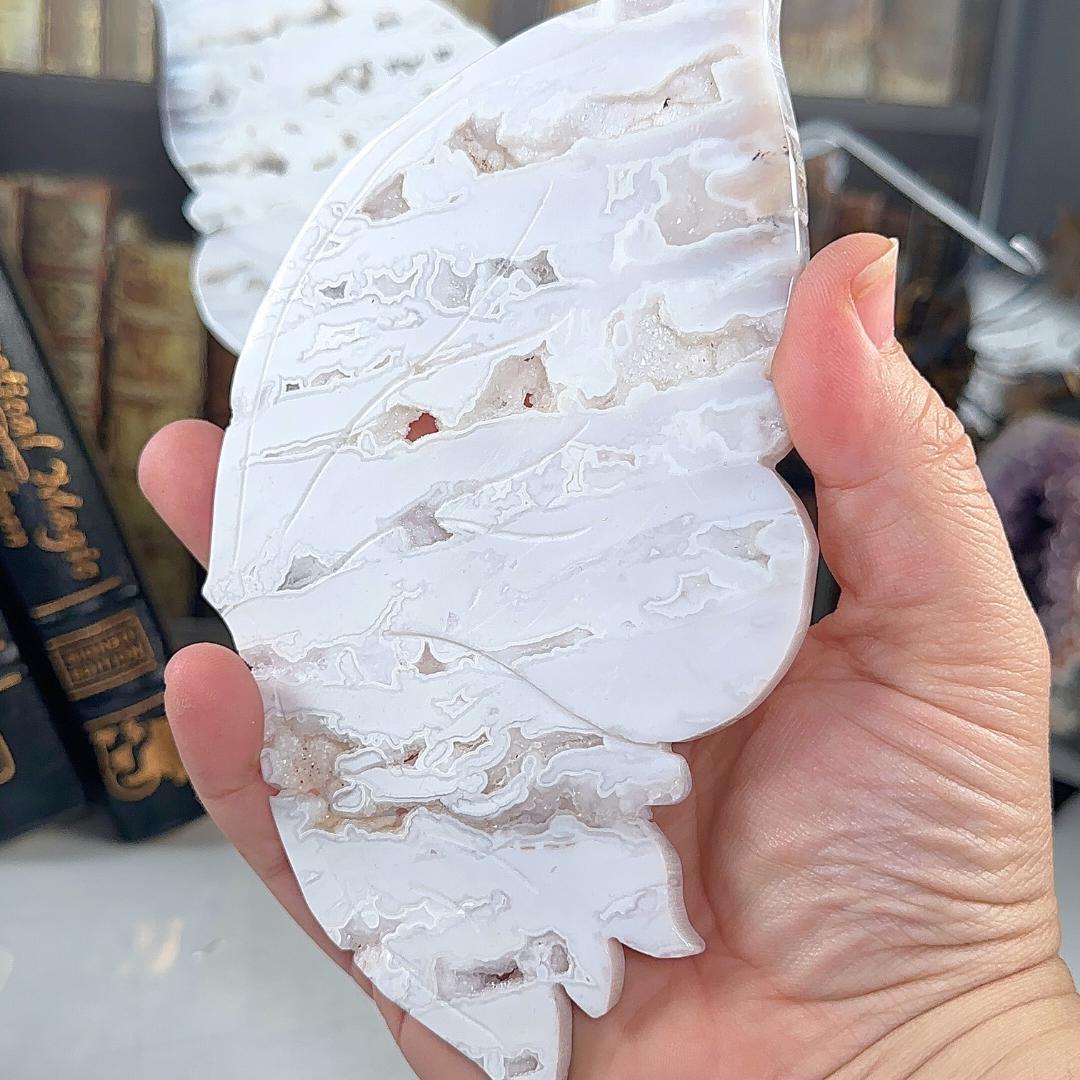 Druzy Snow White Agate Pink Amethyst Crystal Wings | Stone Carving Sculpture Healing Altar Reiki Feng Shui Altar