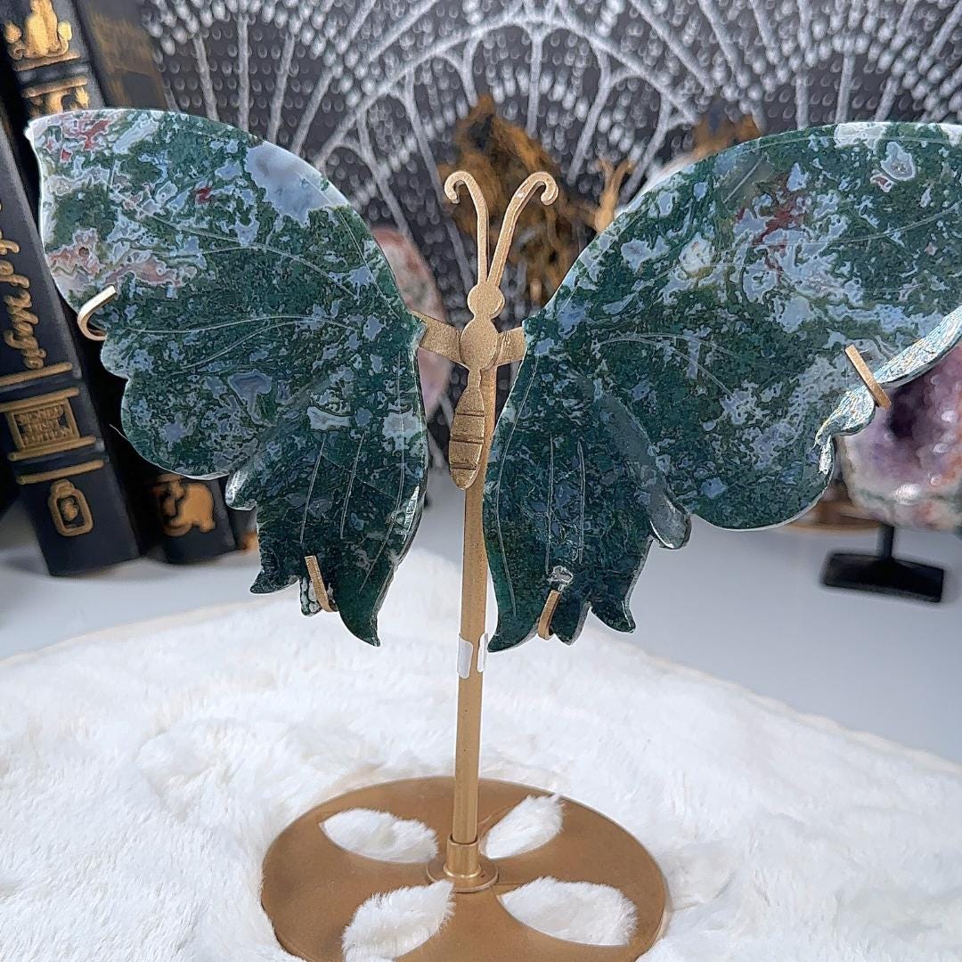 Druzy Green Moss Agate Wings | Crystal Carving Statement Piece | US Seller