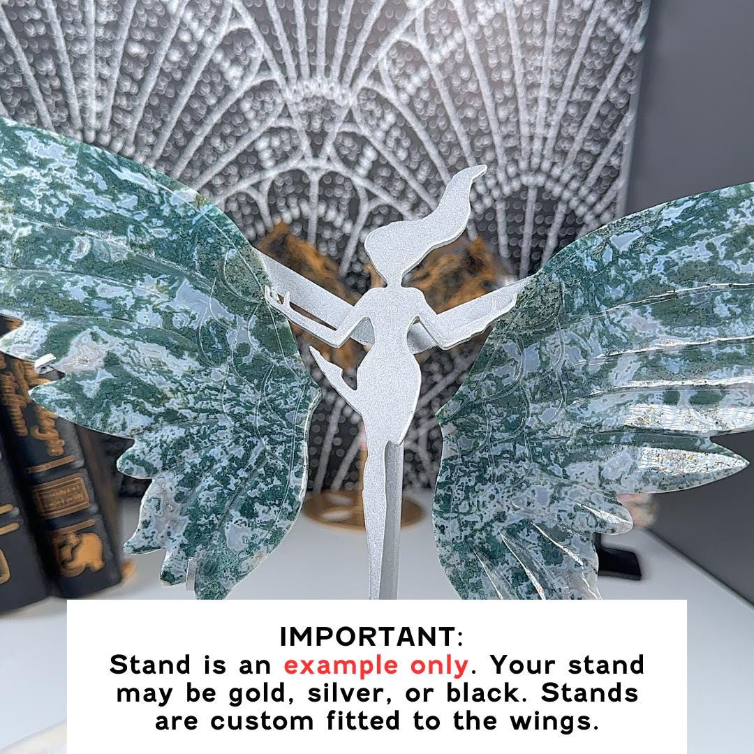 Druzy Green Moss Agate Angel Wings | Crystal Carving Statement Piece | US Seller