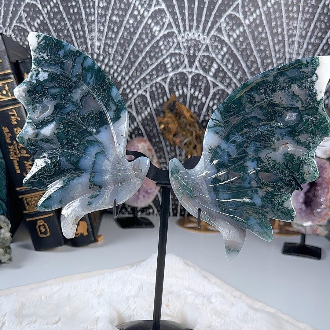Druzy Blue Moss Agate Dragon Wings | Crystal Carving Statement Piece | US Seller