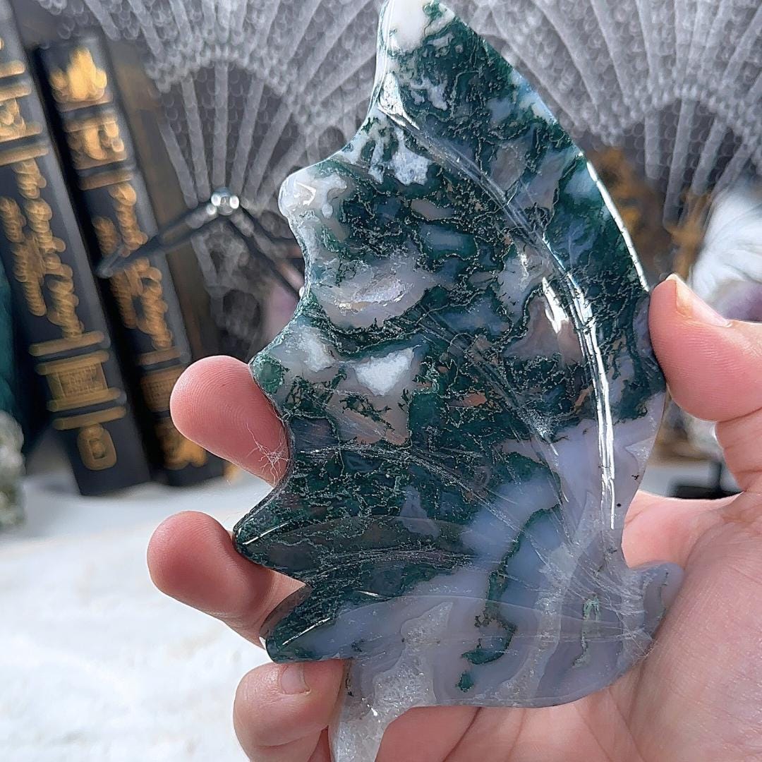 Druzy Blue Moss Agate Dragon Wings | Crystal Carving Statement Piece | US Seller