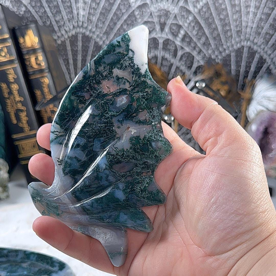 Druzy Blue Moss Agate Dragon Wings | Crystal Carving Statement Piece | US Seller