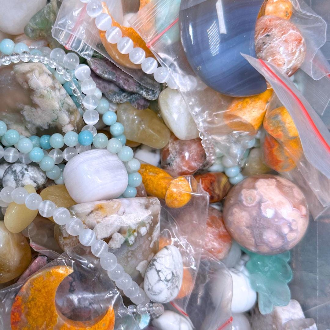 Summertime Premium Crystal Confetti Lucky Scoop Jar of Tumbled Stones, Carvings, Towers, Spheres, Rocks, & Minerals Gift