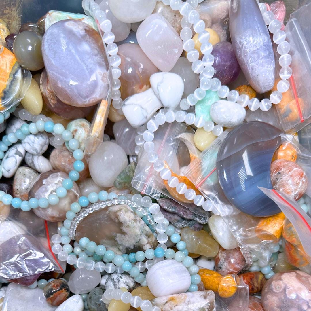 Summertime Premium Crystal Confetti Lucky Scoop Jar of Tumbled Stones, Carvings, Towers, Spheres, Rocks, & Minerals Gift