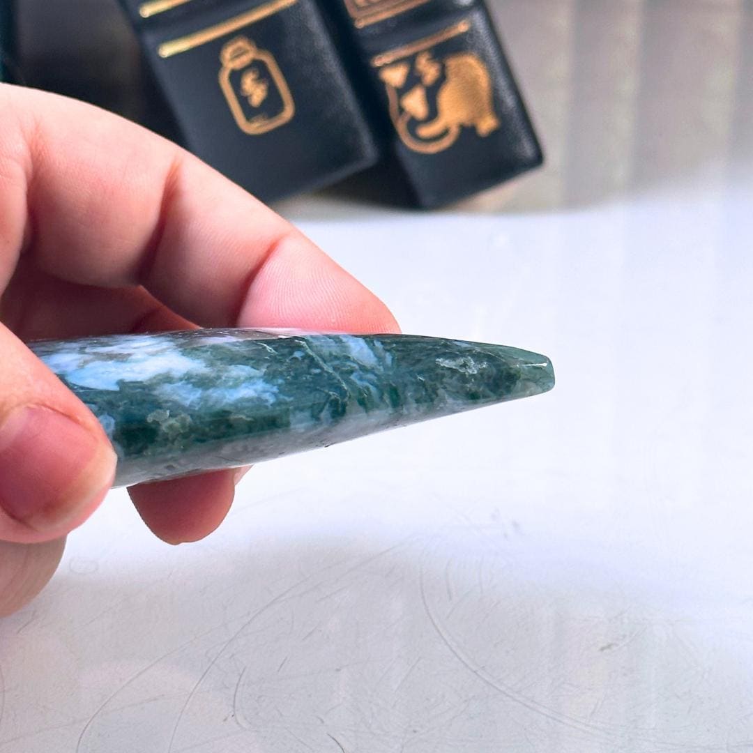 Druzy Moss Agate Teardrop | Flame Freeform Crystal Carving Statement Piece | US Seller