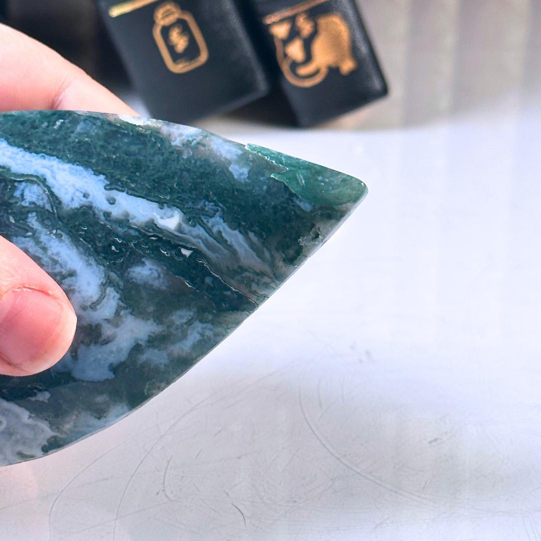 Druzy Moss Agate Teardrop | Flame Freeform Crystal Carving Statement Piece | US Seller