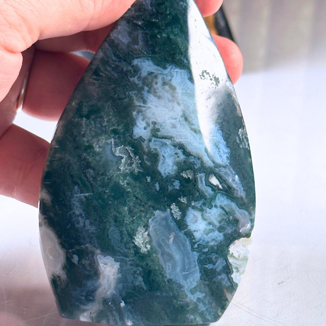 Druzy Moss Agate Teardrop | Flame Freeform Crystal Carving Statement Piece | US Seller