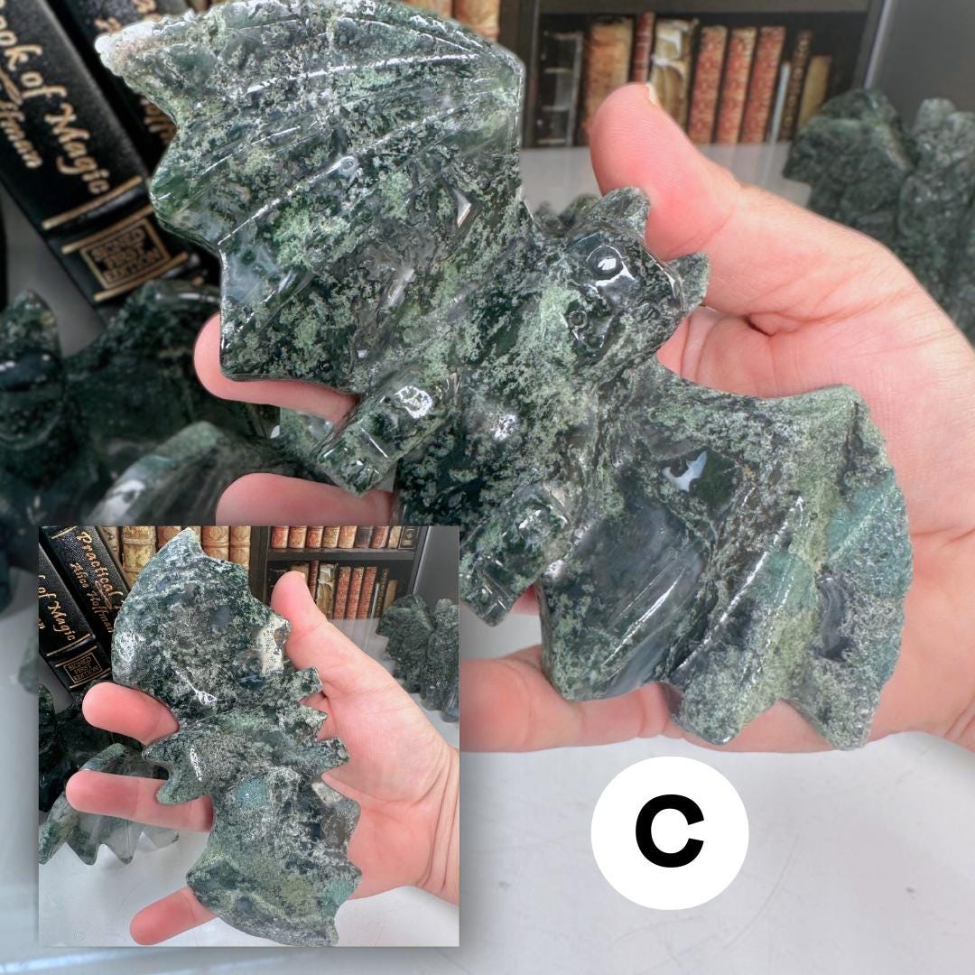 Druzy Moss Agate Bat Crystal Carving Geode Statement Piece