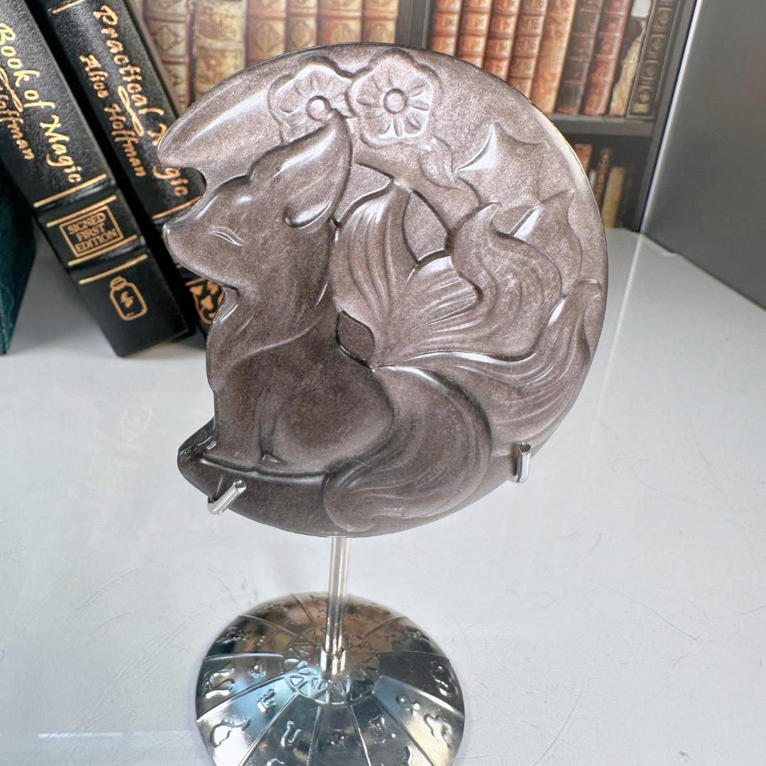 Silver Obsidian Fox With Stand | US Seller | Palm Sized Worry Stone Crystal Carving Altar Reiki Energy