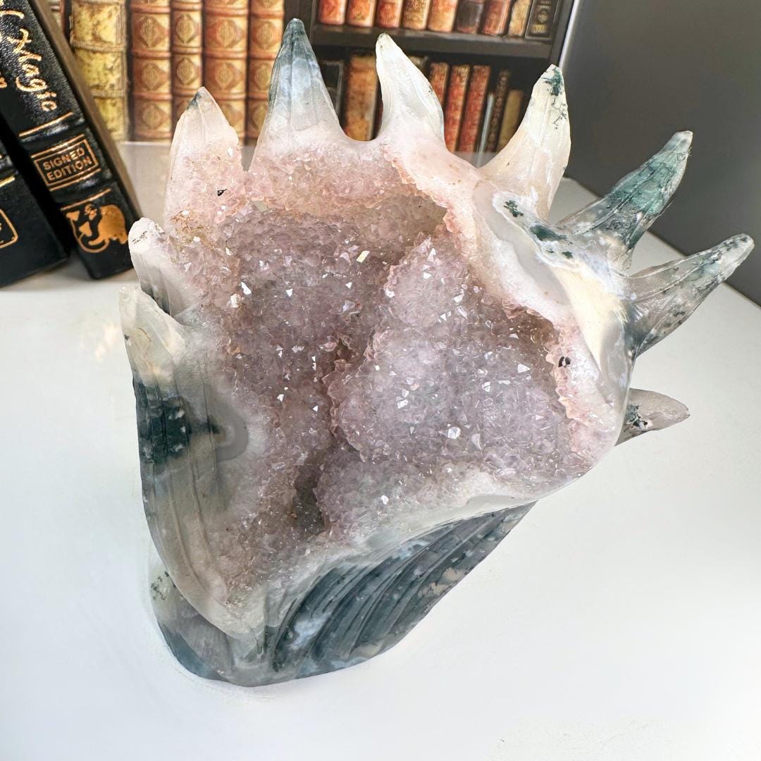 XL Druzy Moss Agate Fox Crystal Carving Geode Statement Piece