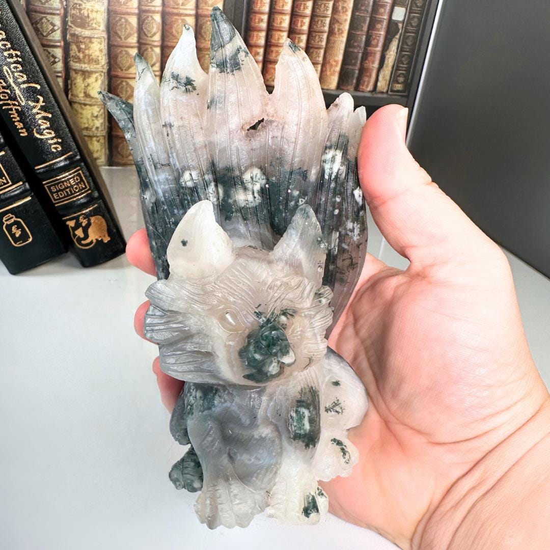 XL Druzy Moss Agate Fox Crystal Carving Geode Statement Piece