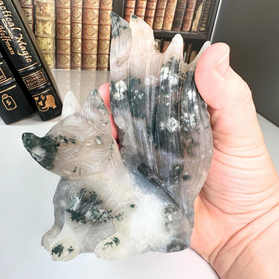 XL Druzy Moss Agate Fox Crystal Carving Geode Statement Piece