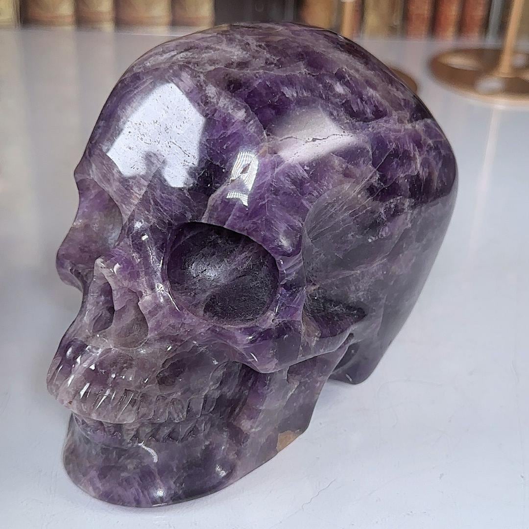 XL Amethyst Crystal Skull Carving, Chevron Healing Quartz Crystal Dream Amethyst Altar Feng Shui Altar Energy