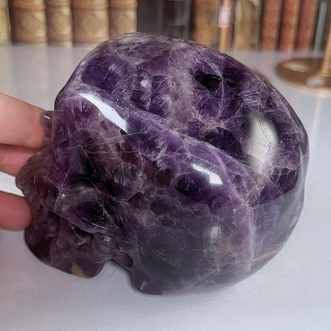 XL Amethyst Crystal Skull Carving, Chevron Healing Quartz Crystal Dream Amethyst Altar Feng Shui Altar Energy