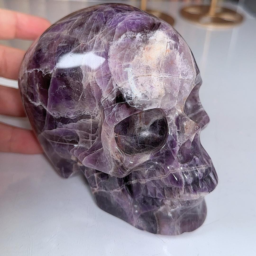 XL Amethyst Crystal Skull Carving, Chevron Healing Quartz Crystal Dream Amethyst Altar Feng Shui Altar Energy